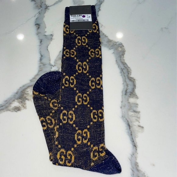 Gucci GG Socks in Blue and Gold Lamé - Picture 9 of 11